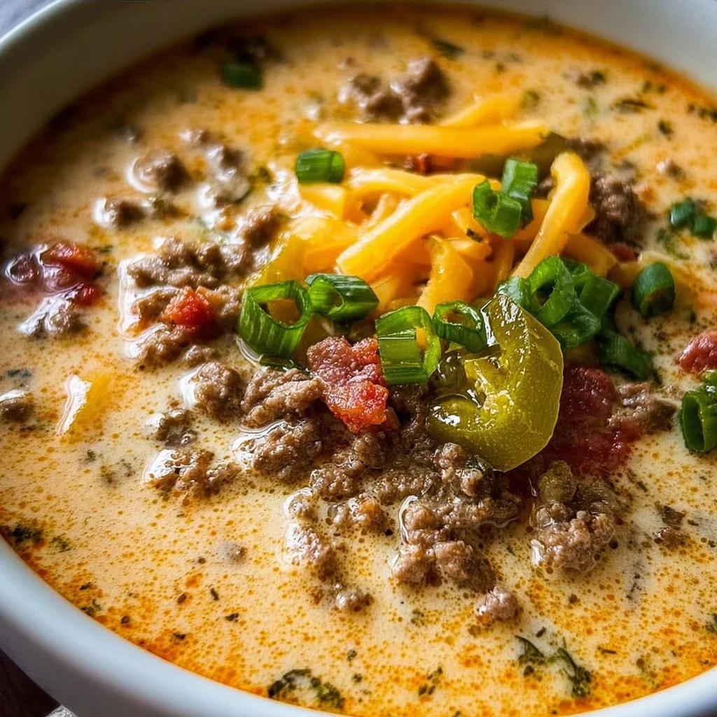 Delicious Keto Cheeseburger Soup garnished with cheese and green onions