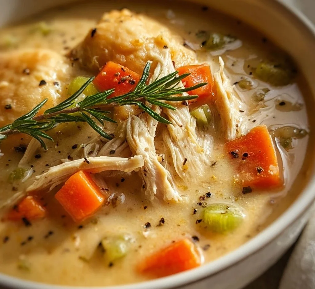 Bowl of Keto Chicken Pot Pie Soup with vegetables and chicken toppings.