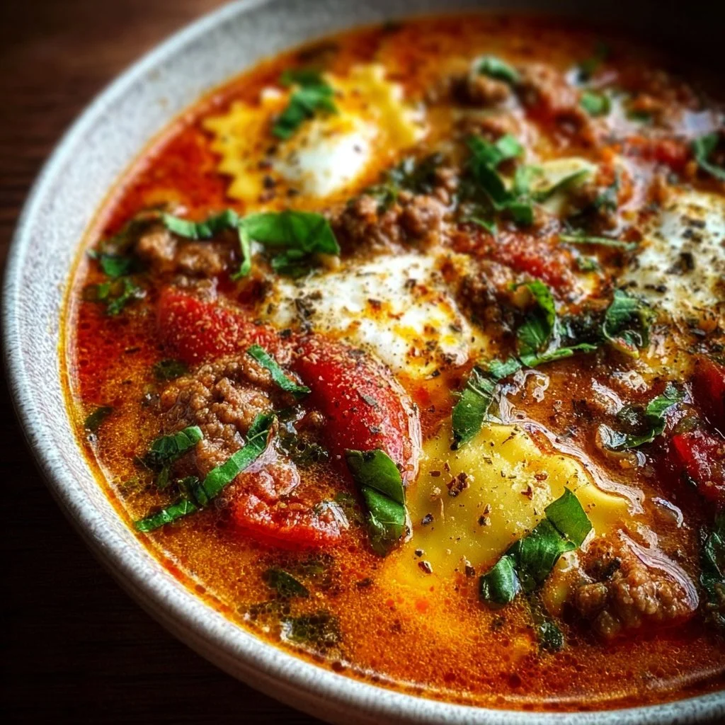 Bowl of Keto Lasagna Soup with melted cheese and herbs