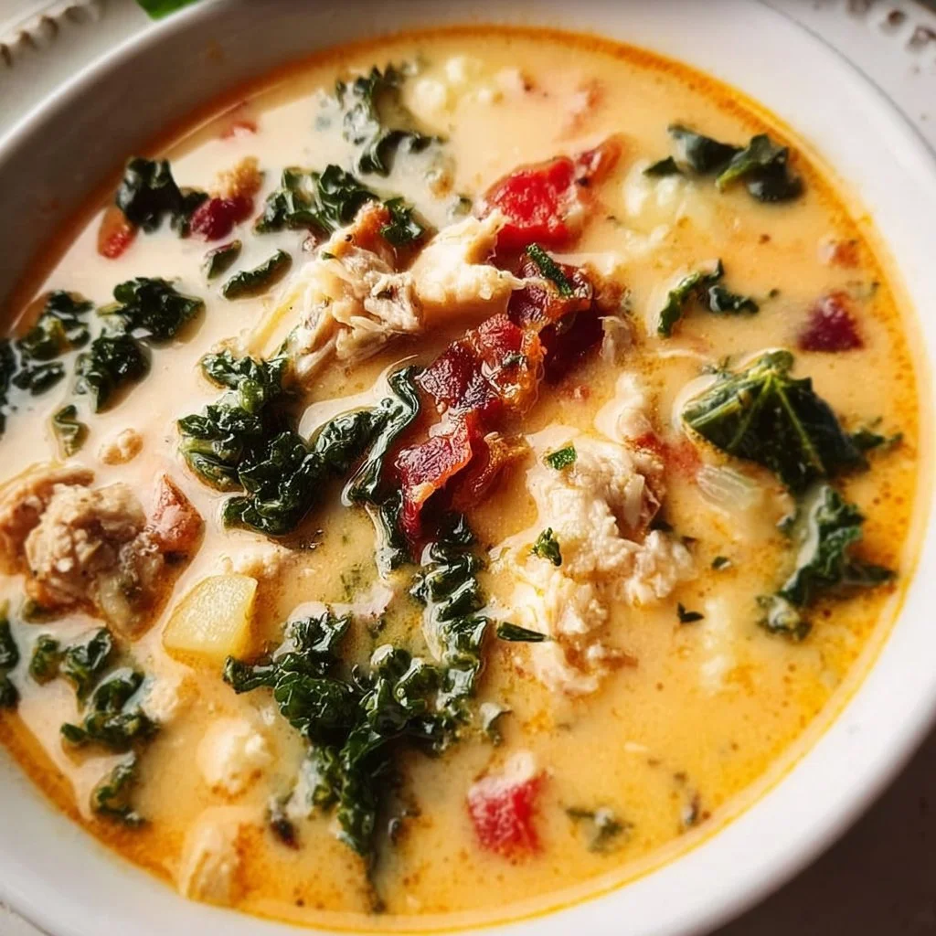 Bowl of Keto Tuscan Soup garnished with fresh herbs and vegetables