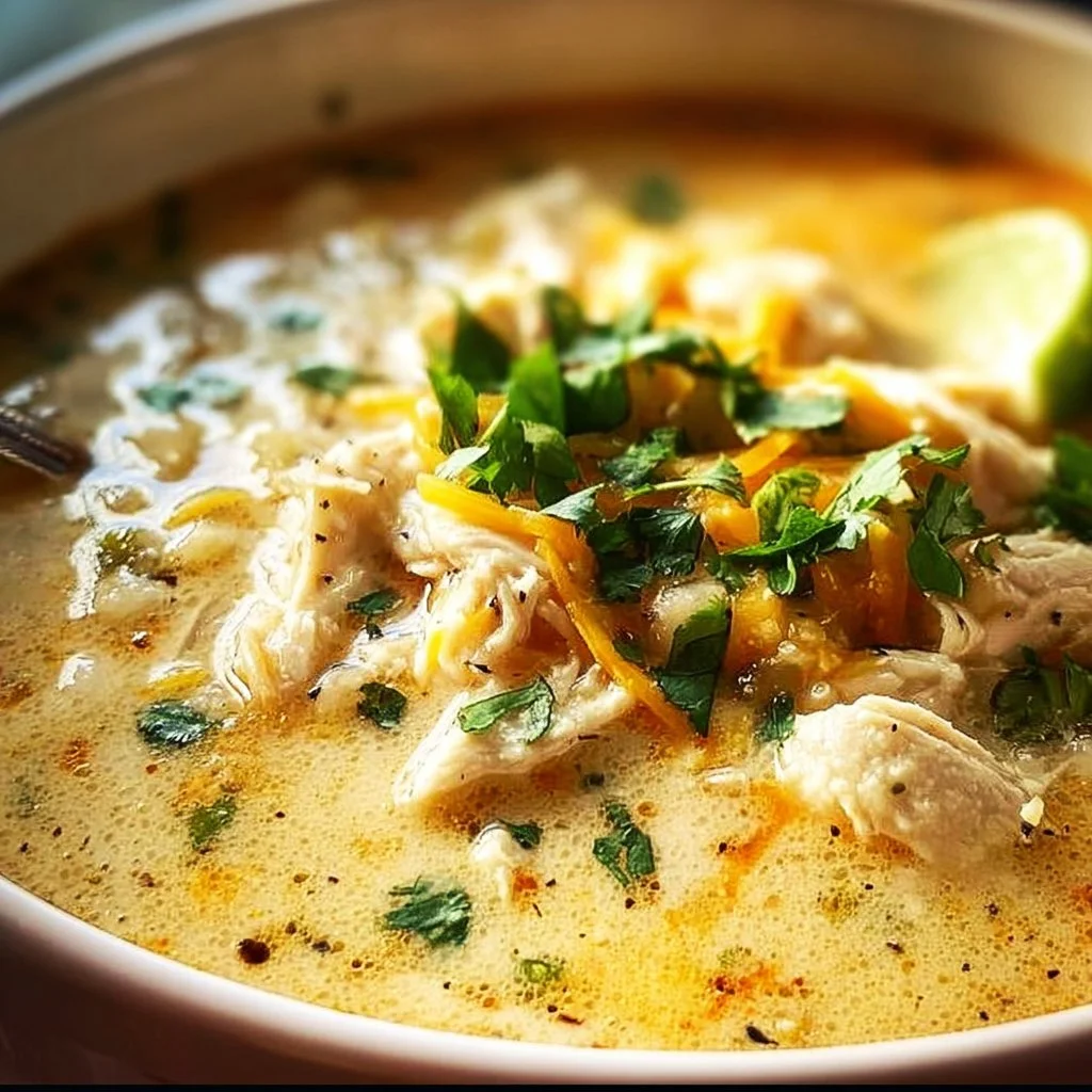 Bowl of delicious Keto White Chicken Chili garnished with cilantro and avocado
