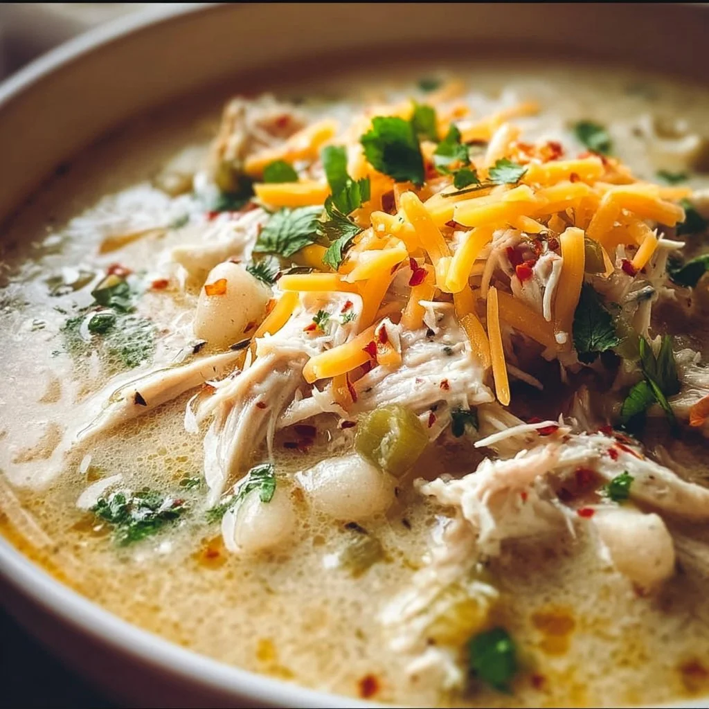 Bowl of Keto White Chicken Chili garnished with cilantro and avocado