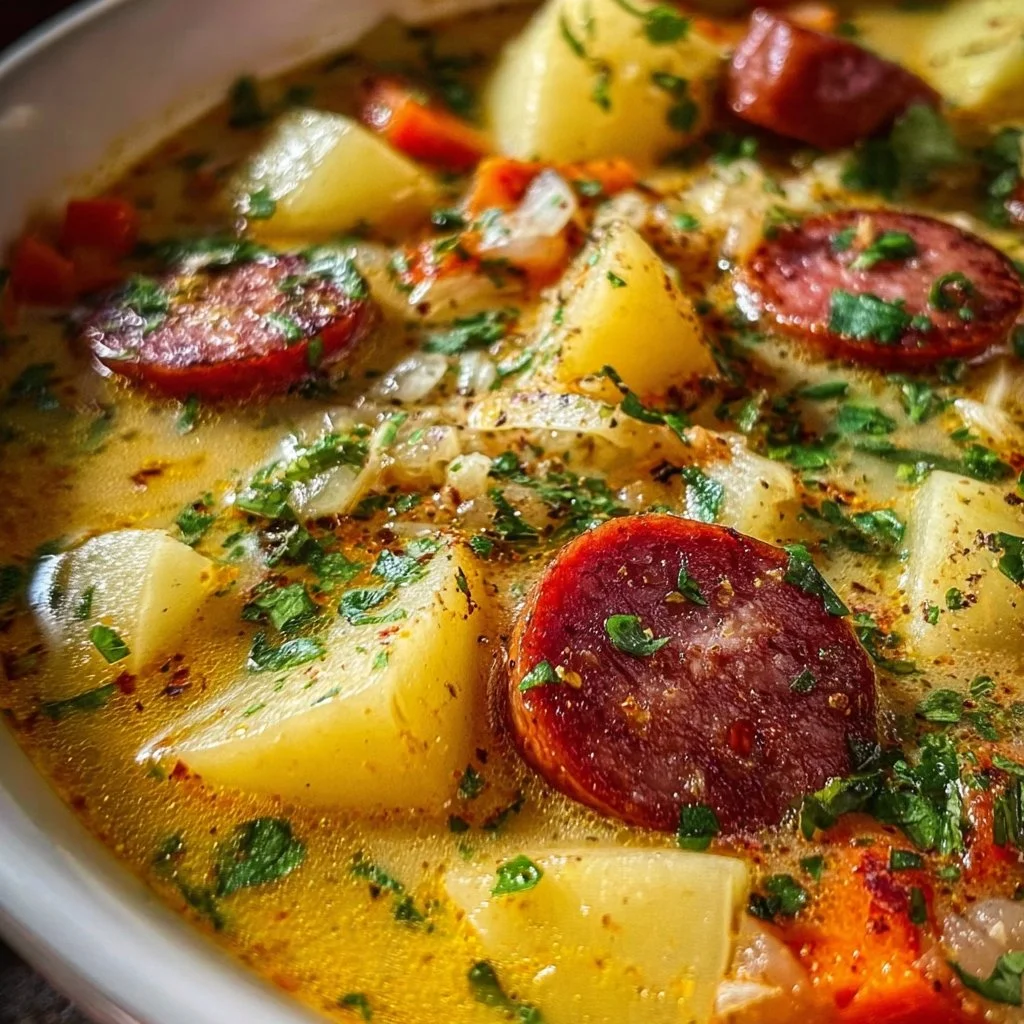 A bowl of kielbasa potato soup with vegetables and herbs garnished on top.