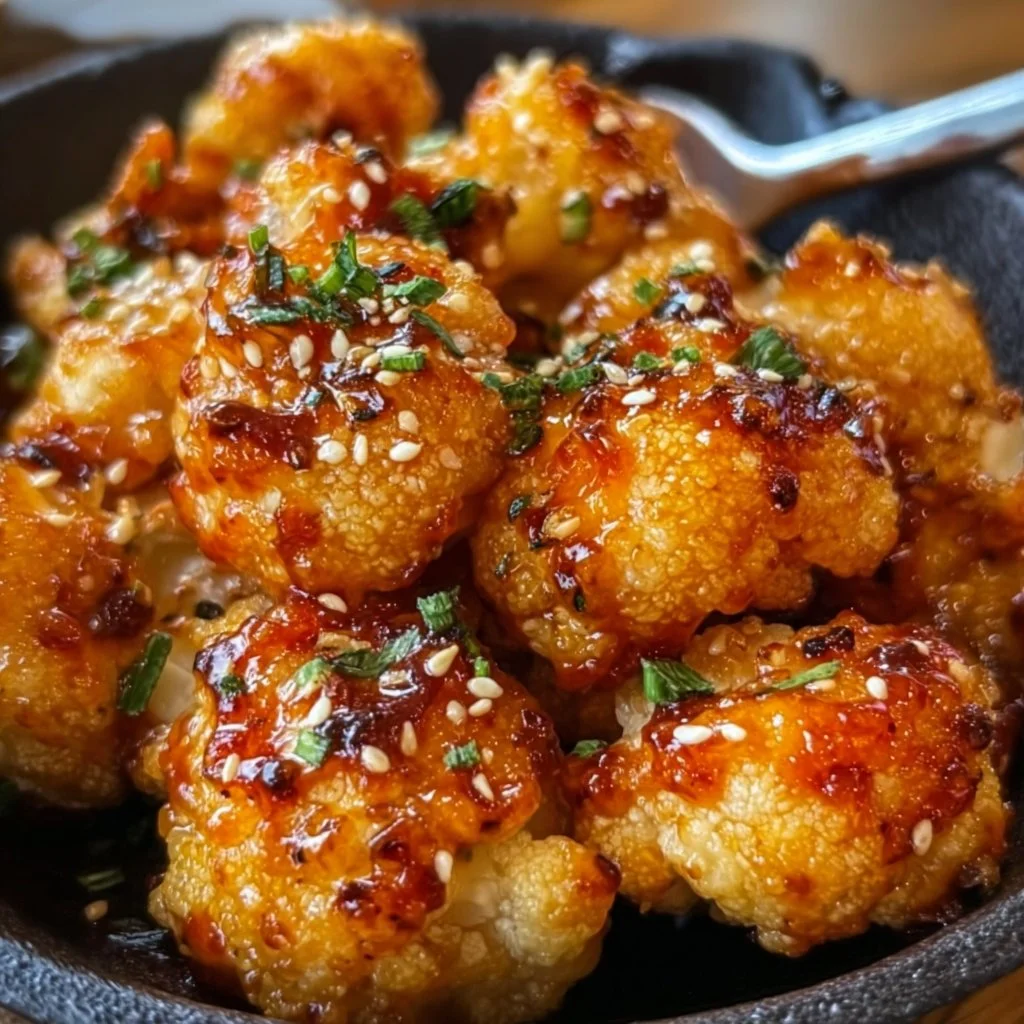 Korean Baked Cauliflower served with spicy sauce and garnished with sesame seeds