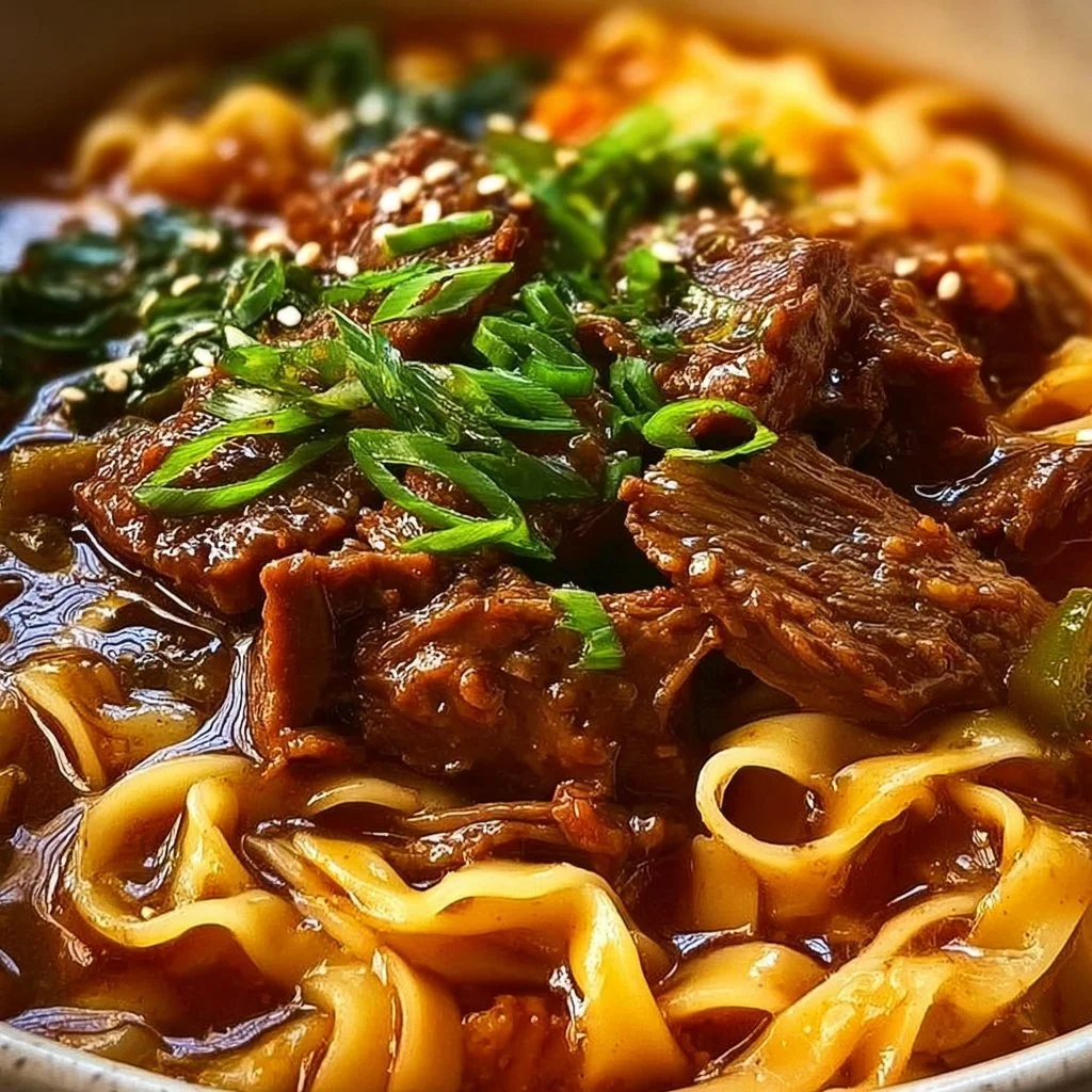 Bowl of Korean beef noodles topped with fresh vegetables and herbs