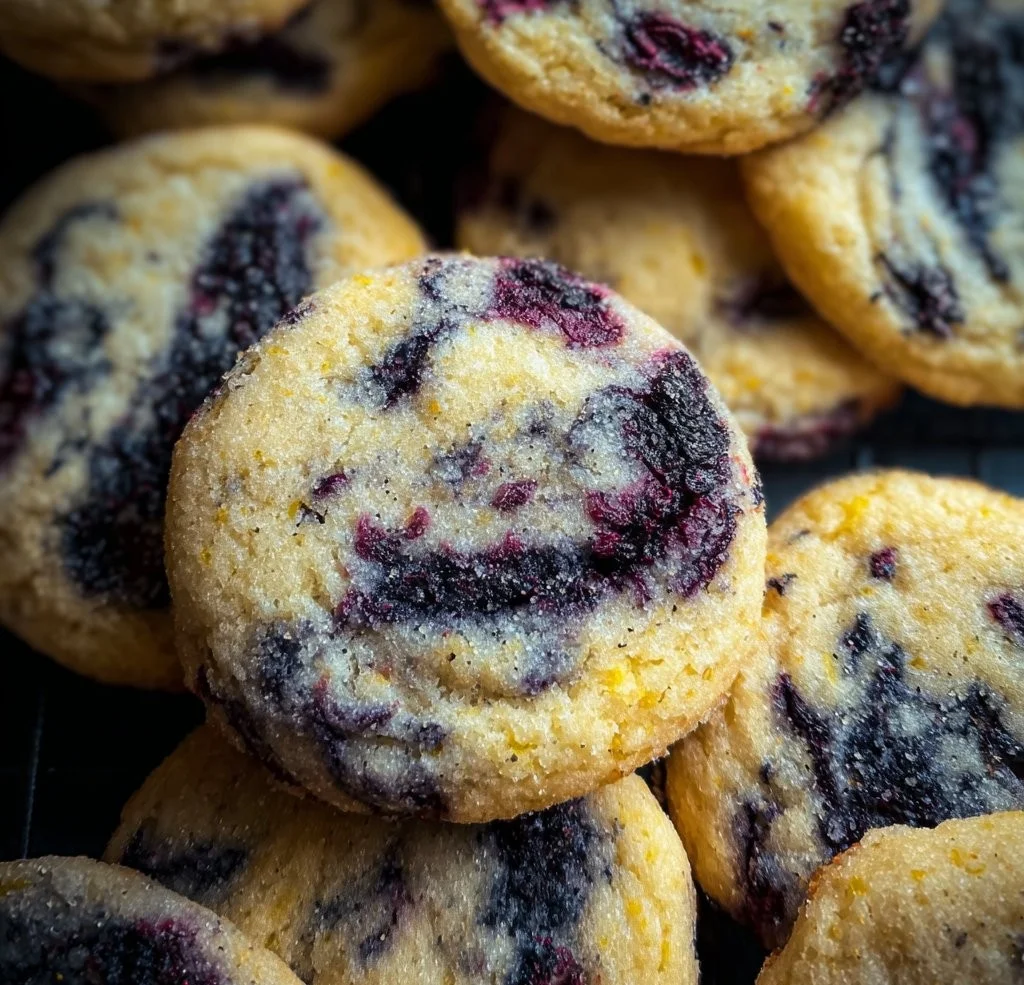 Freshly baked Lemon Blueberry Cookies with vibrant lemon zest and juicy blueberries.