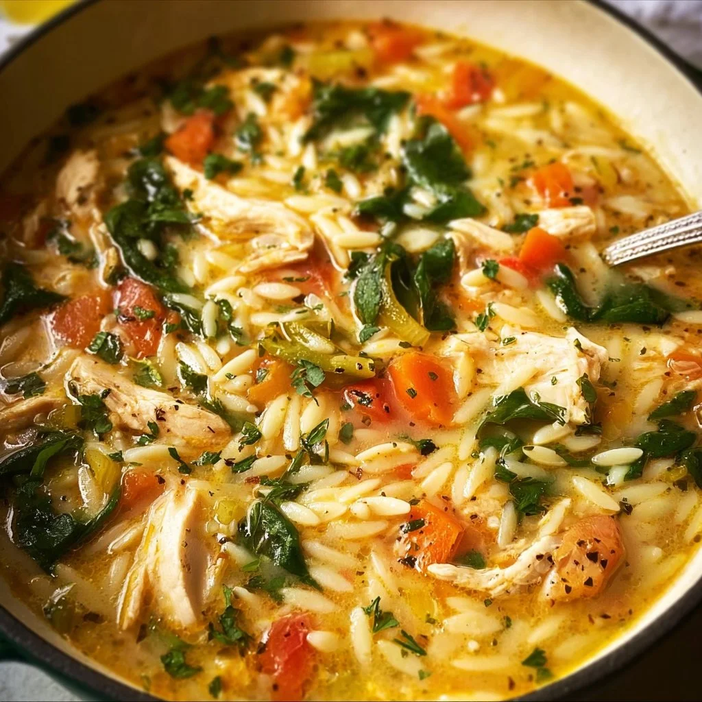 A bowl of homemade Lemon Chicken Orzo Soup with chicken, orzo, and lemon slices.