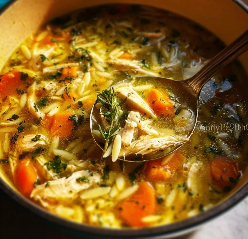 Bowl of delicious Lemon Chicken Orzo Soup with fresh herbs and chicken