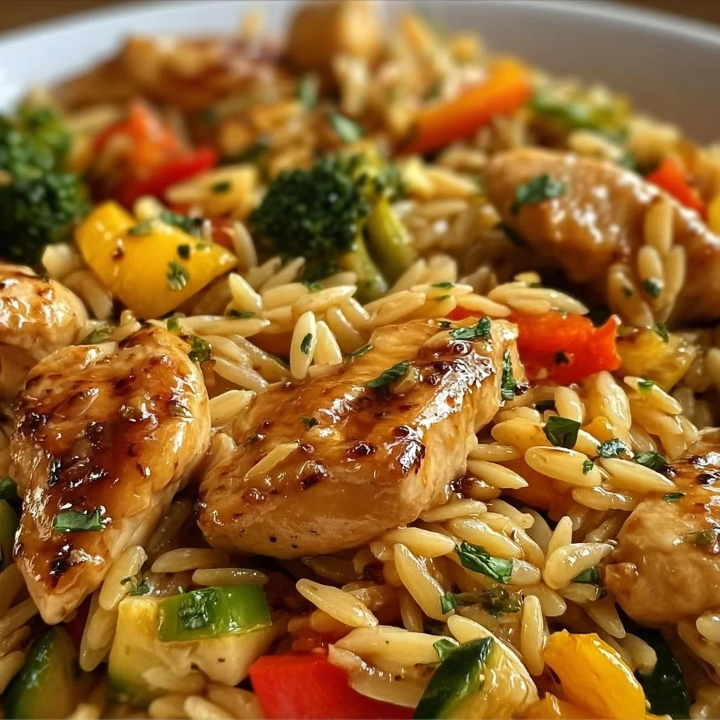 Lemon Chicken Stir Fry with vibrant vegetables and orzo in a colorful bowl.