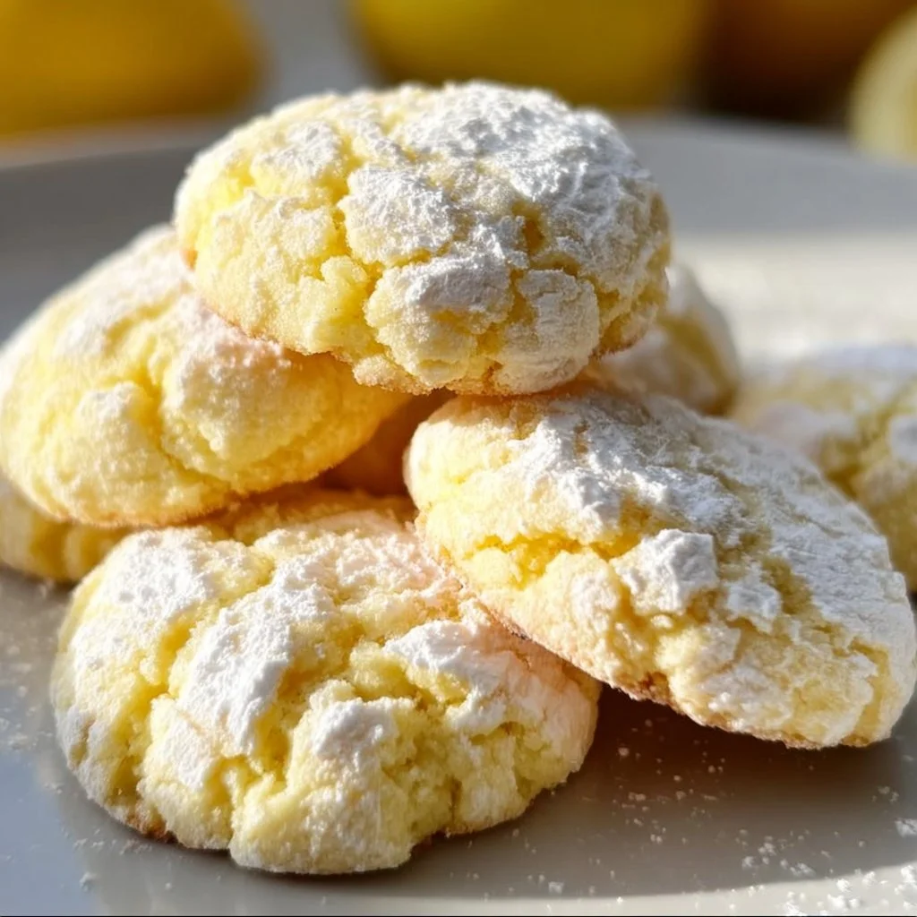 Plate of freshly baked Lemon Crinkle Cookies dusted with powdered sugar