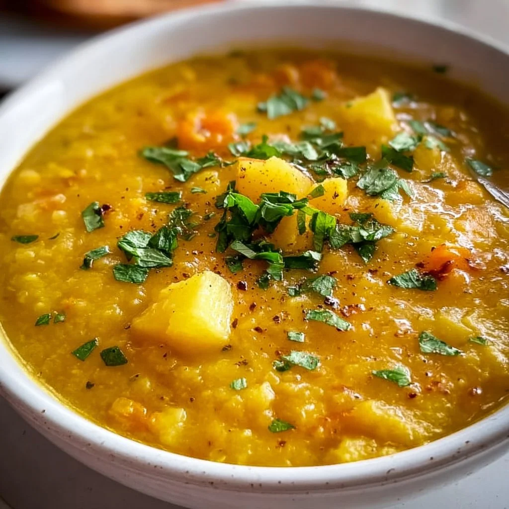 Bowl of homemade Lentil Potato Soup garnished with herbs.