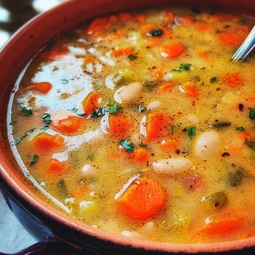 Bowl of delicious and hearty Lima Bean Soup garnished with herbs.