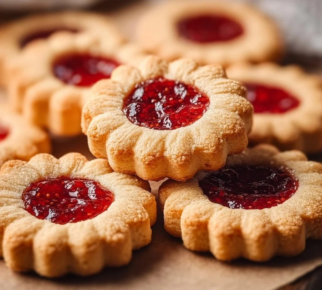 Plate of homemade Linzer Cookies with raspberry filling and powdered sugar on top