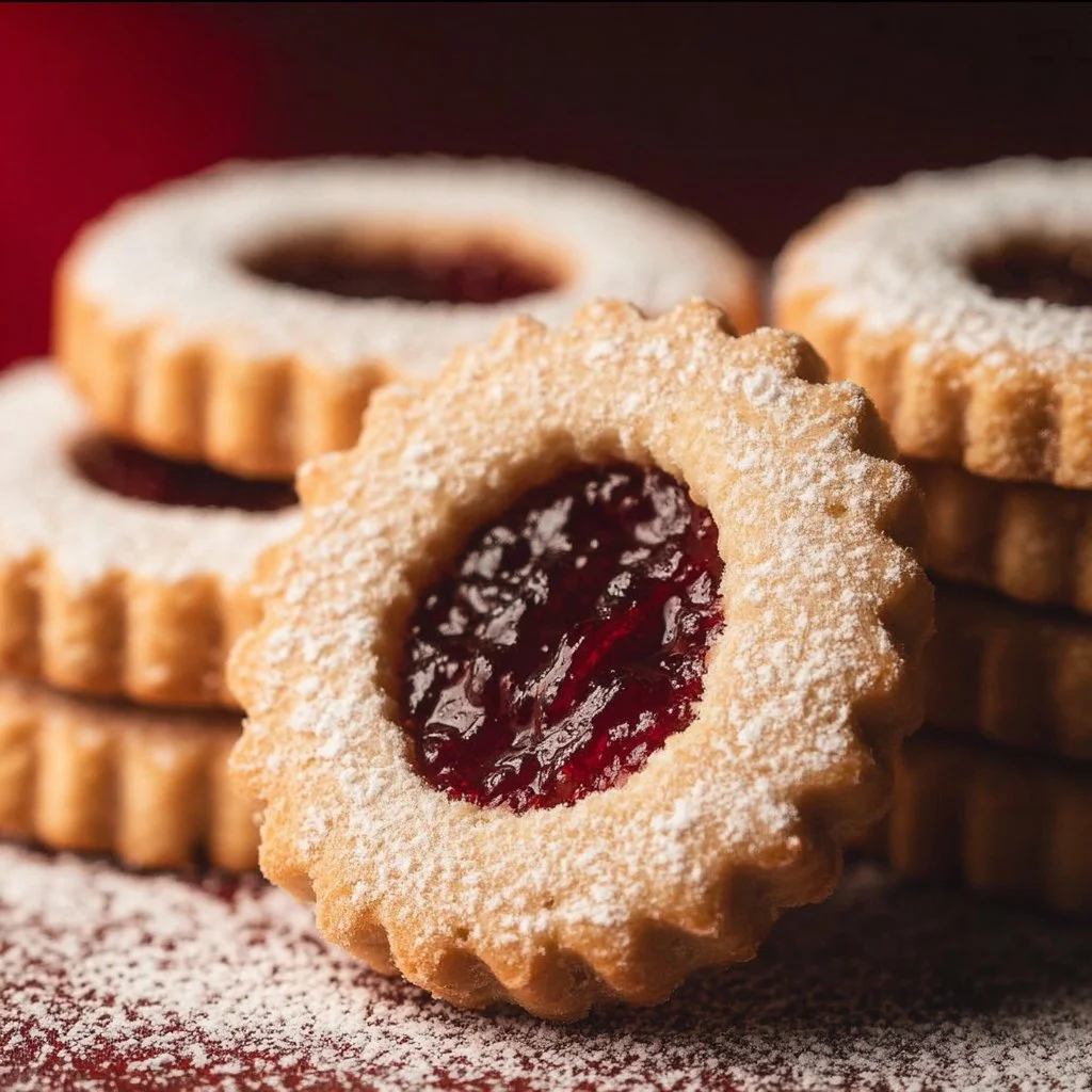 Delicious Linzer Cookies filled with jam and dusted with powdered sugar.