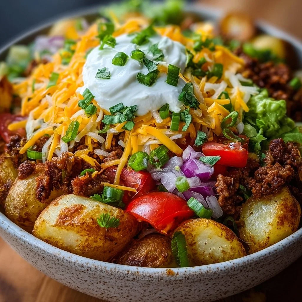 Loaded Potato Taco Bowl topped with fresh ingredients and served in a bowl