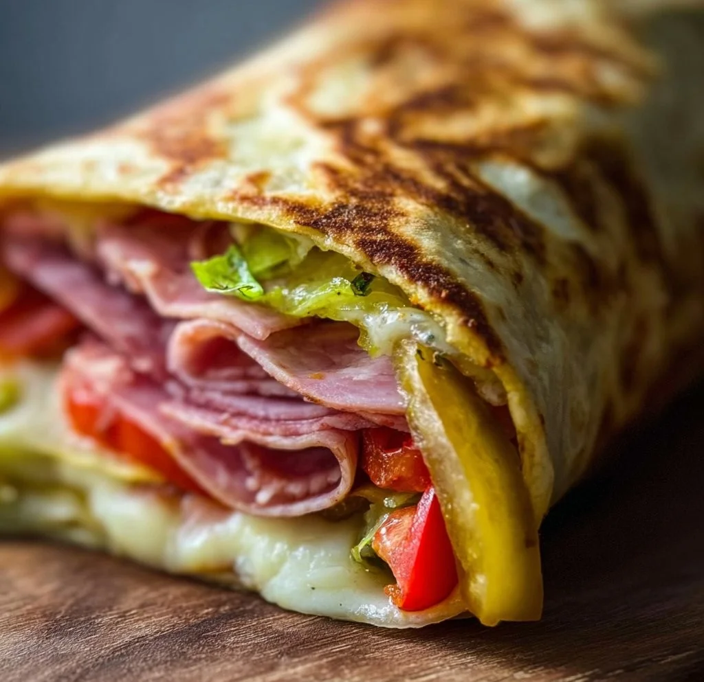 Low-carb Italian sub wrap filled with fresh vegetables and deli meats