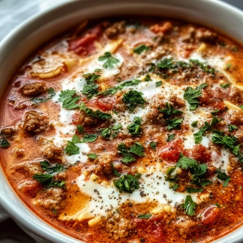 Low carb lasagna soup with fresh ingredients and cheese in a bowl