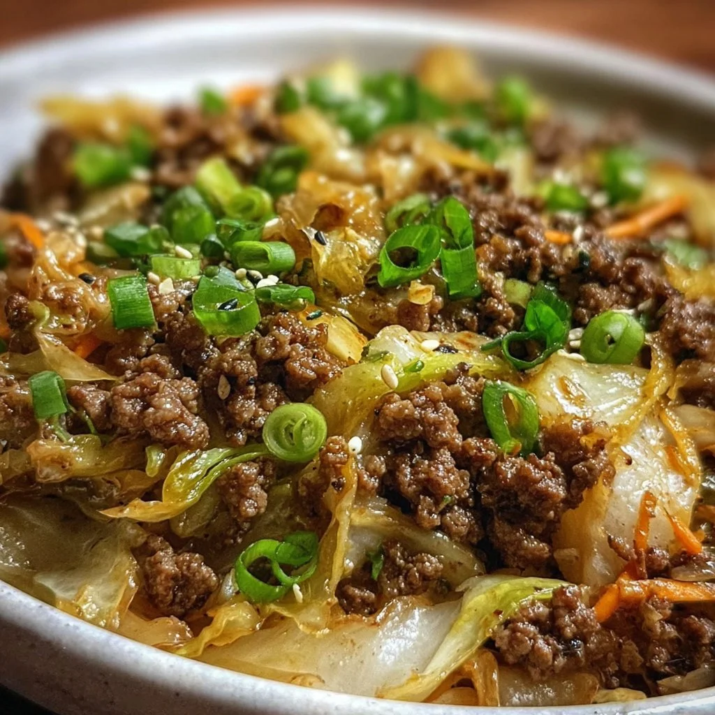 Delicious low-carb Mongolian ground beef with cabbage in a serving bowl.