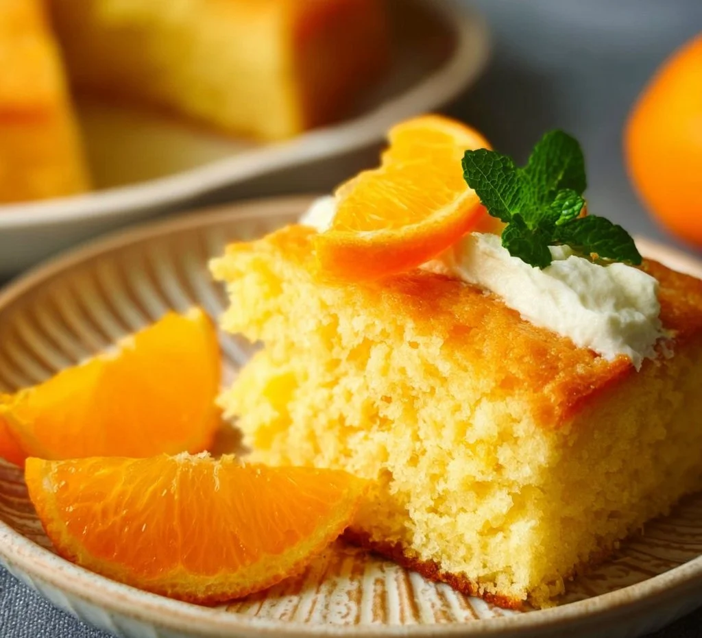 Delicious slice of Mandarin Orange Cake topped with fresh mandarin slices