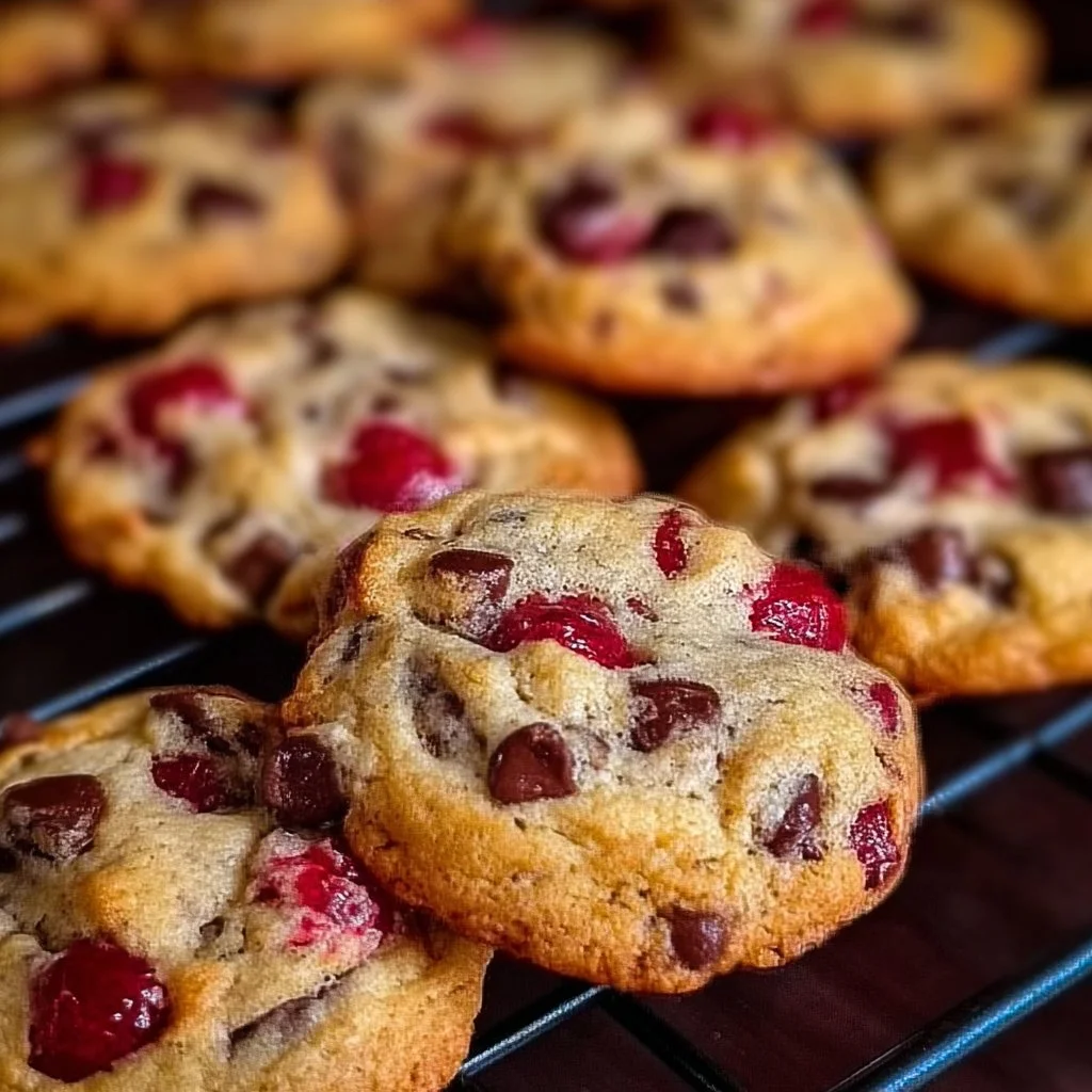 Maraschino cherry chocolate chip cookies on a baking tray