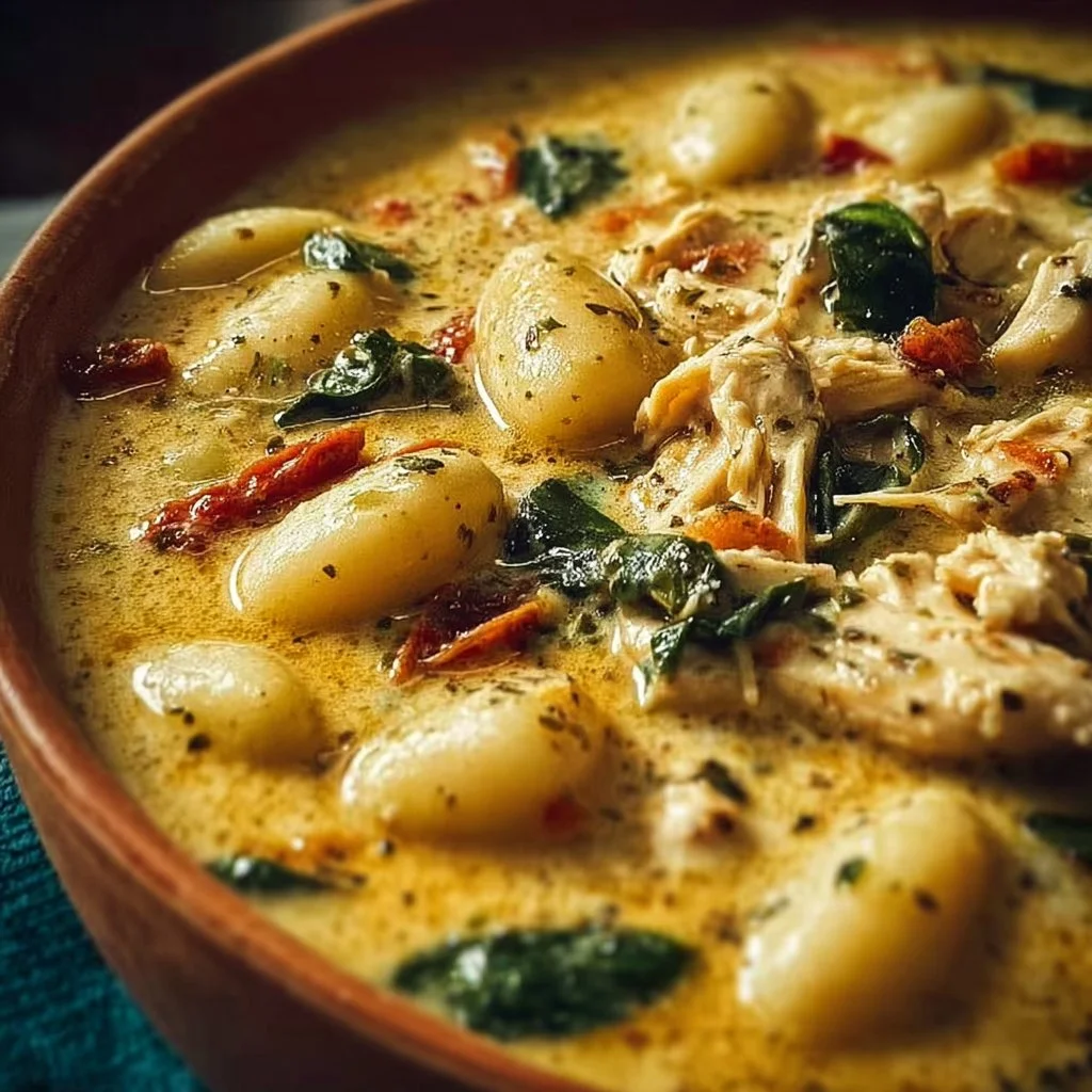 Marry Me Chicken Gnocchi Soup in a bowl garnished with herbs