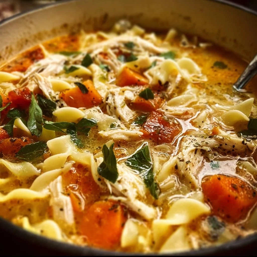 Bowl of Marry Me Chicken Noodle Soup with fresh herbs and noodles