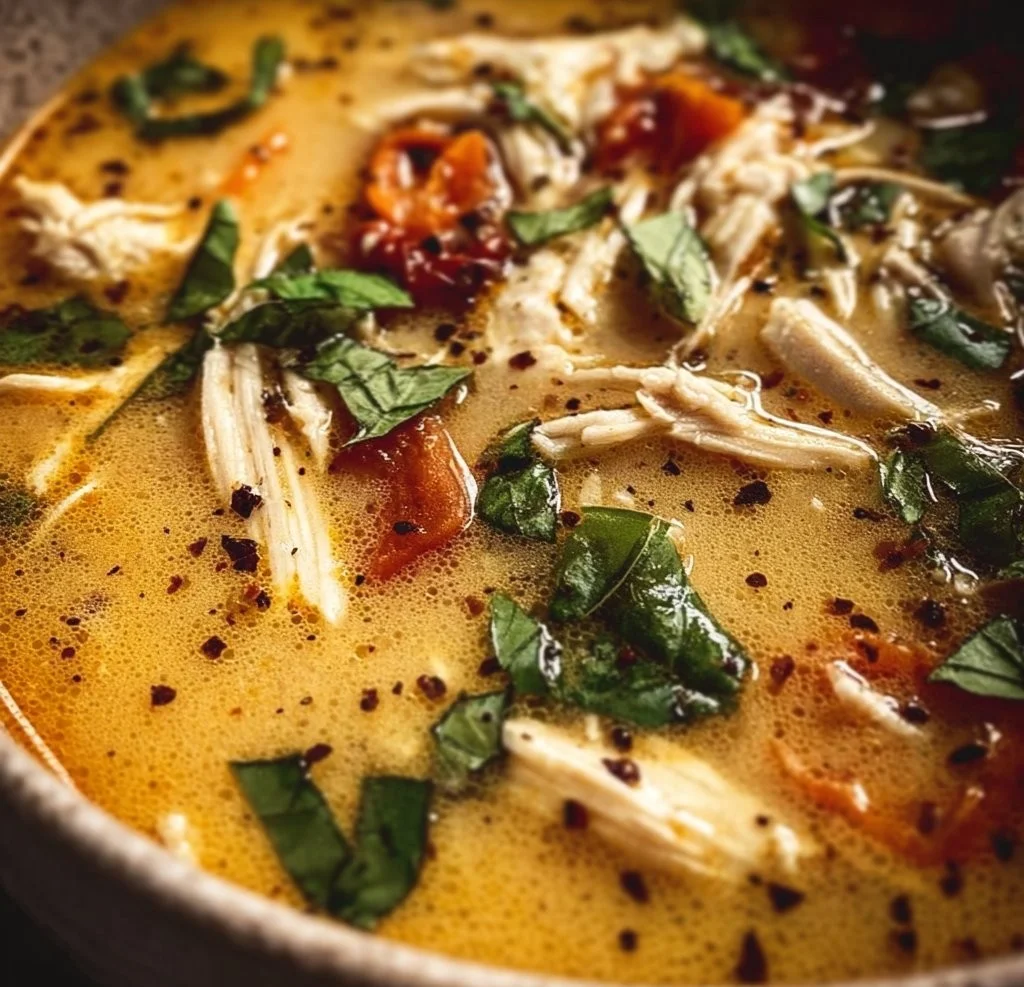 Bowl of Marry Me Chicken Soup with fresh herbs and chicken pieces