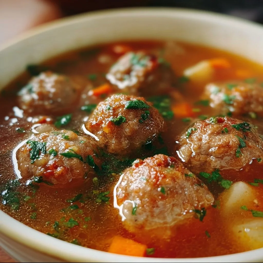 A bowl of savory meatball soup with fresh vegetables and herbs.