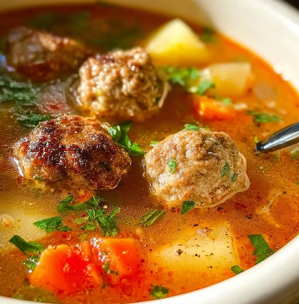 Delicious steaming bowl of meatball soup with fresh herbs and vegetables