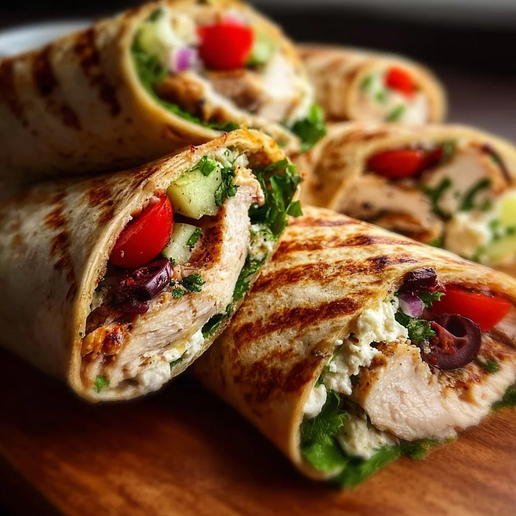 Healthy Mediterranean Chicken Wraps with veggies and spices wrapped in flatbread