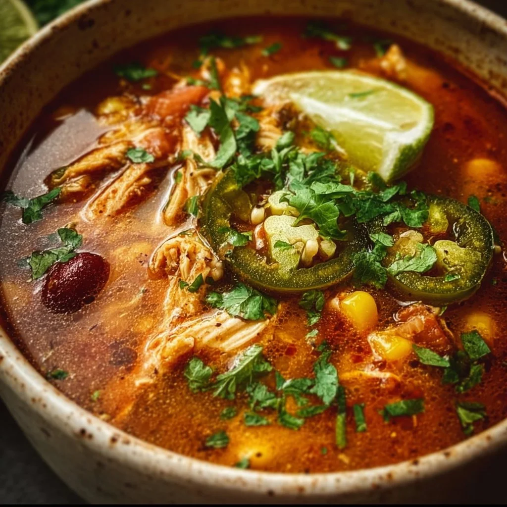 Bowl of flavorful Mexican Chicken Soup garnished with cilantro and lime