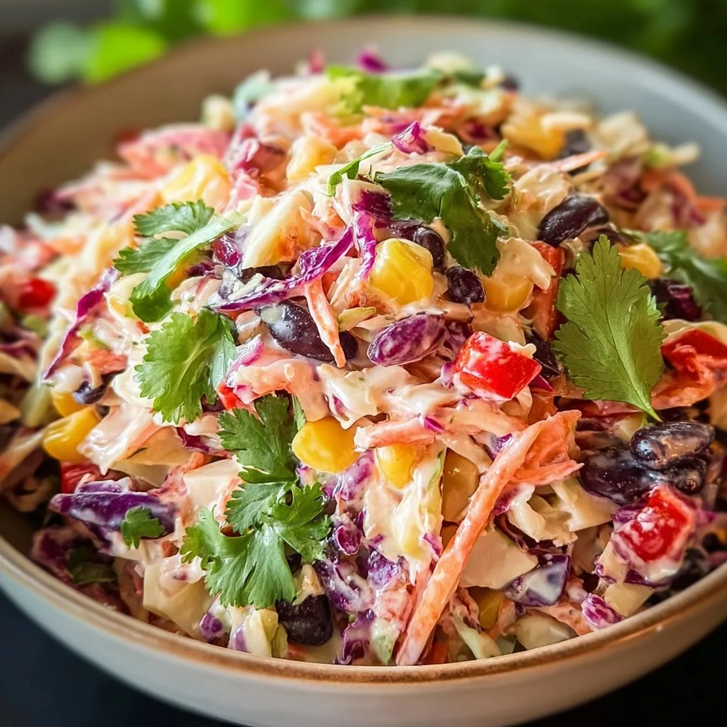 Bowl of colorful Mexican coleslaw with fresh vegetables and lime dressing