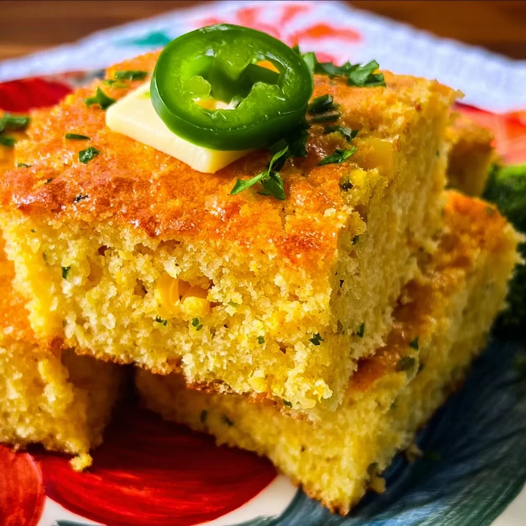 Deliciously baked Mexican Cornbread served on a rustic wooden table.