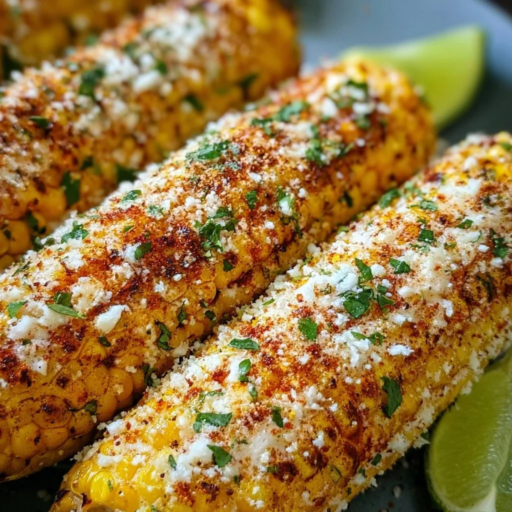 Delicious Mexican Street Corn topped with cheese, chili, and lime