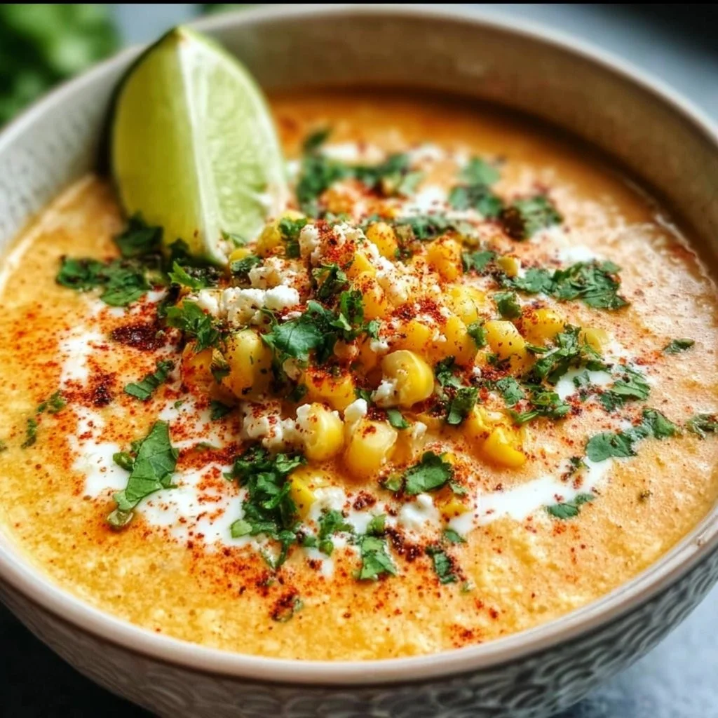 Bowl of creamy Mexican Street Corn Soup garnished with cilantro and lime.