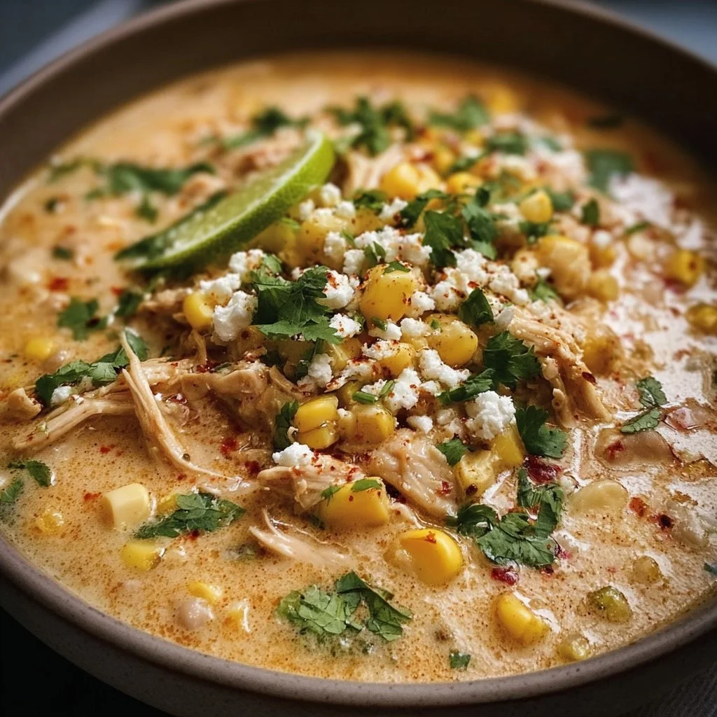 Mexican Street Corn White Chicken Chili served in a bowl with toppings