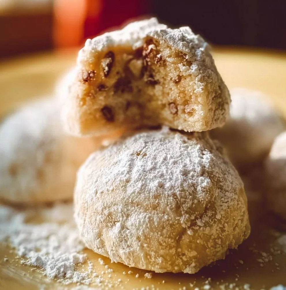 Plate of traditional Mexican Wedding Cookies dusted with powdered sugar