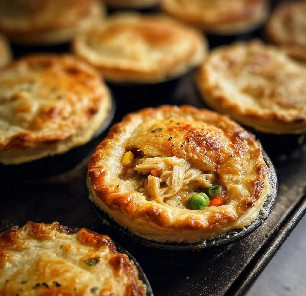 Delicious mini chicken pot pies served on a wooden table.