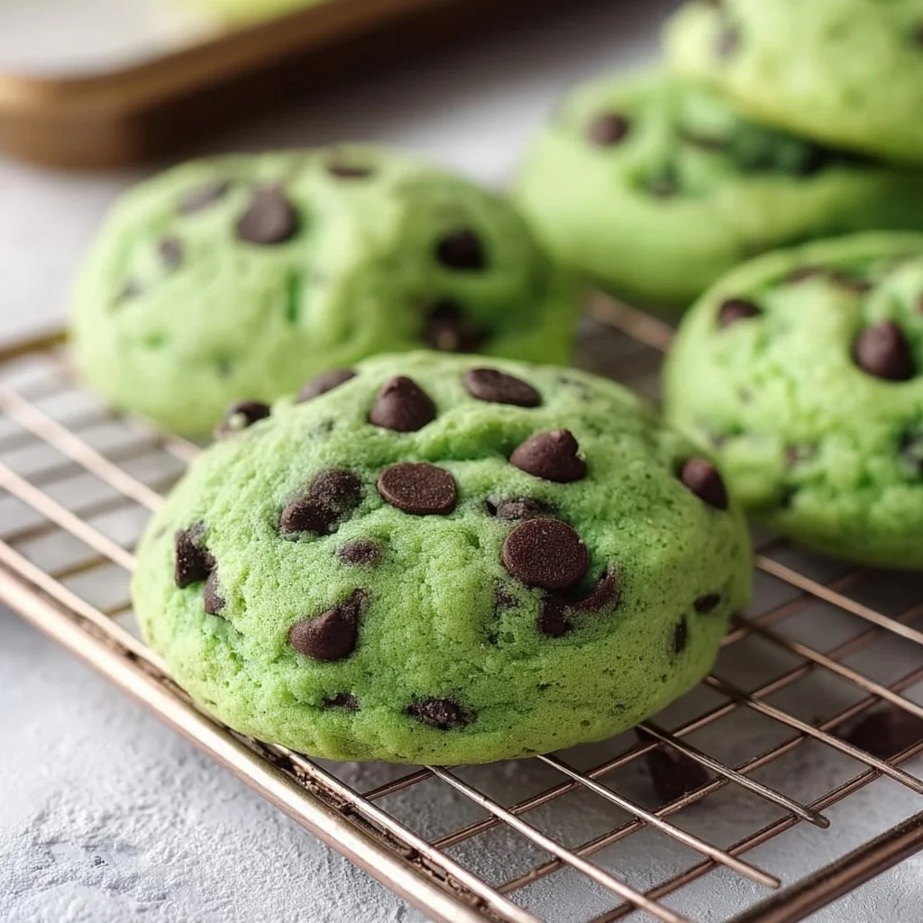 Freshly baked mint chocolate chip cookies on a cooling rack