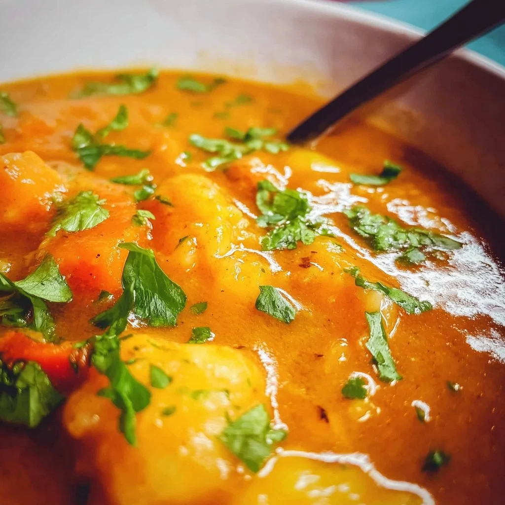 Bowl of savory Mulligatawny Soup with spices and vegetables