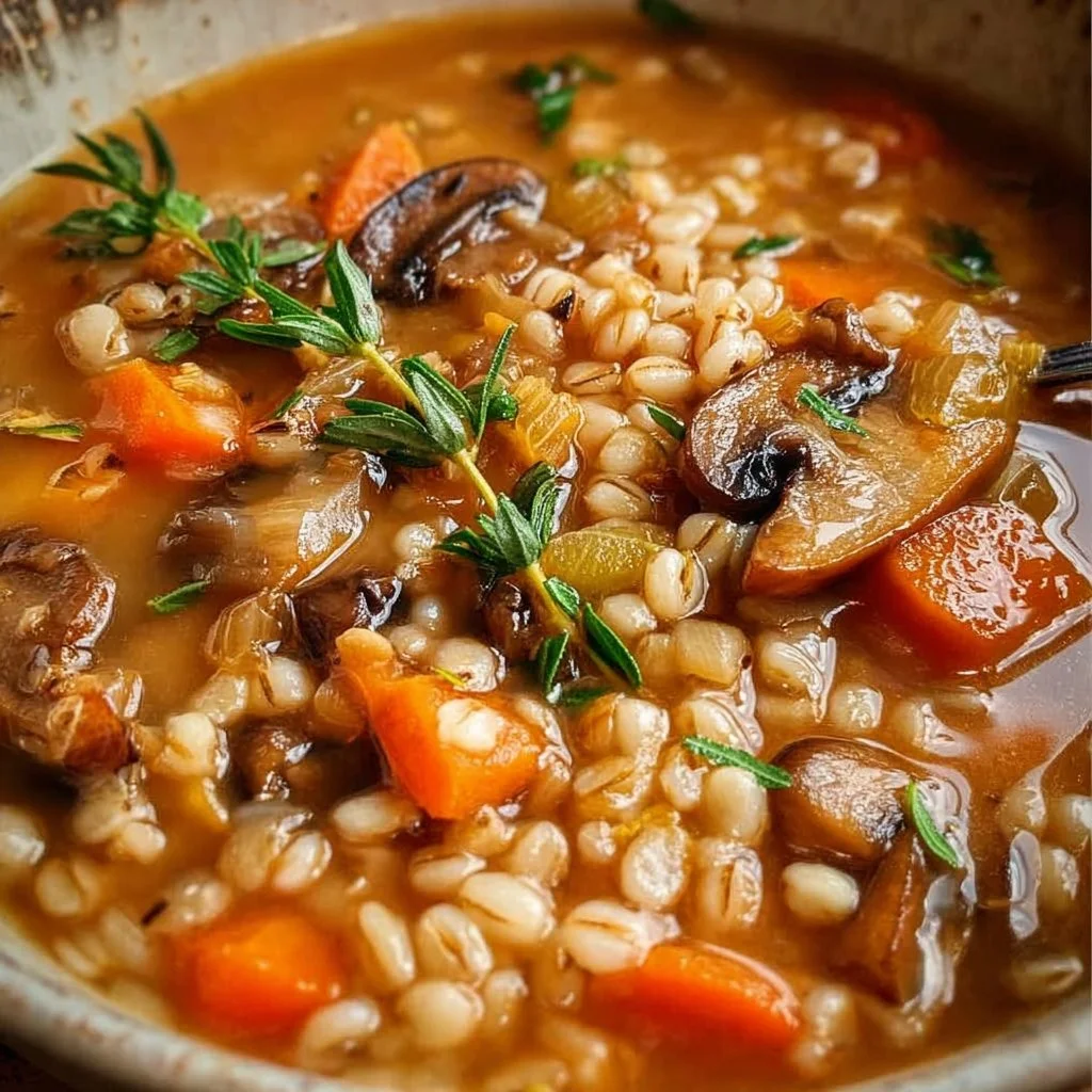 Bowl of delicious Mushroom Barley Soup garnished with fresh herbs