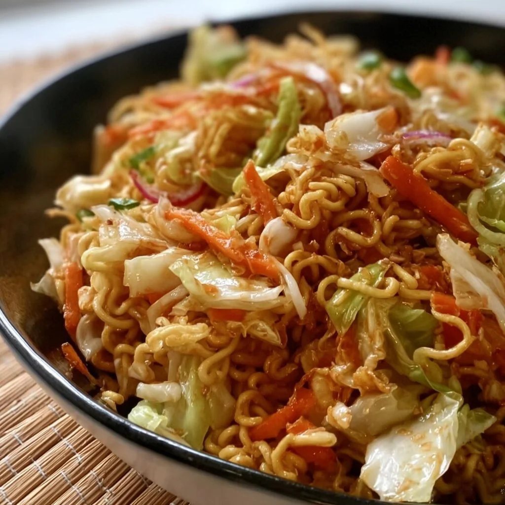 Napa Cabbage Salad with Ramen Noodles served in a bowl