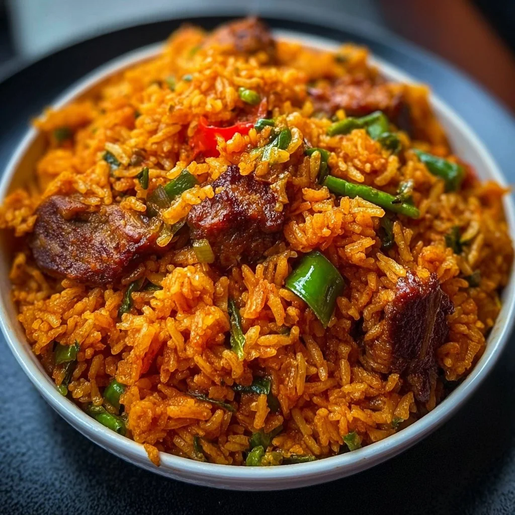 A colorful plate of Nigerian Jollof Rice garnished with vegetables and spices.