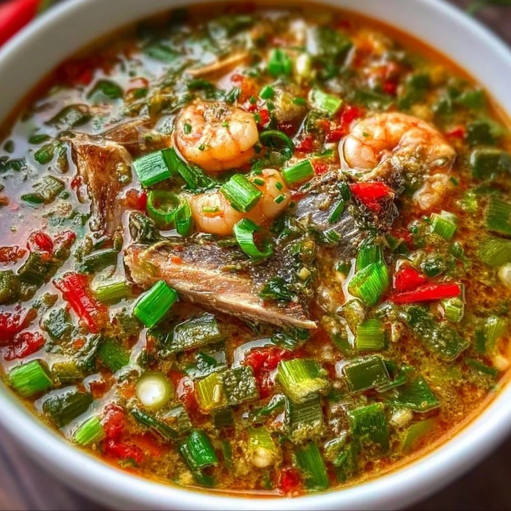 A bowl of Nigerian Okra Soup garnished with fresh vegetables and spices.
