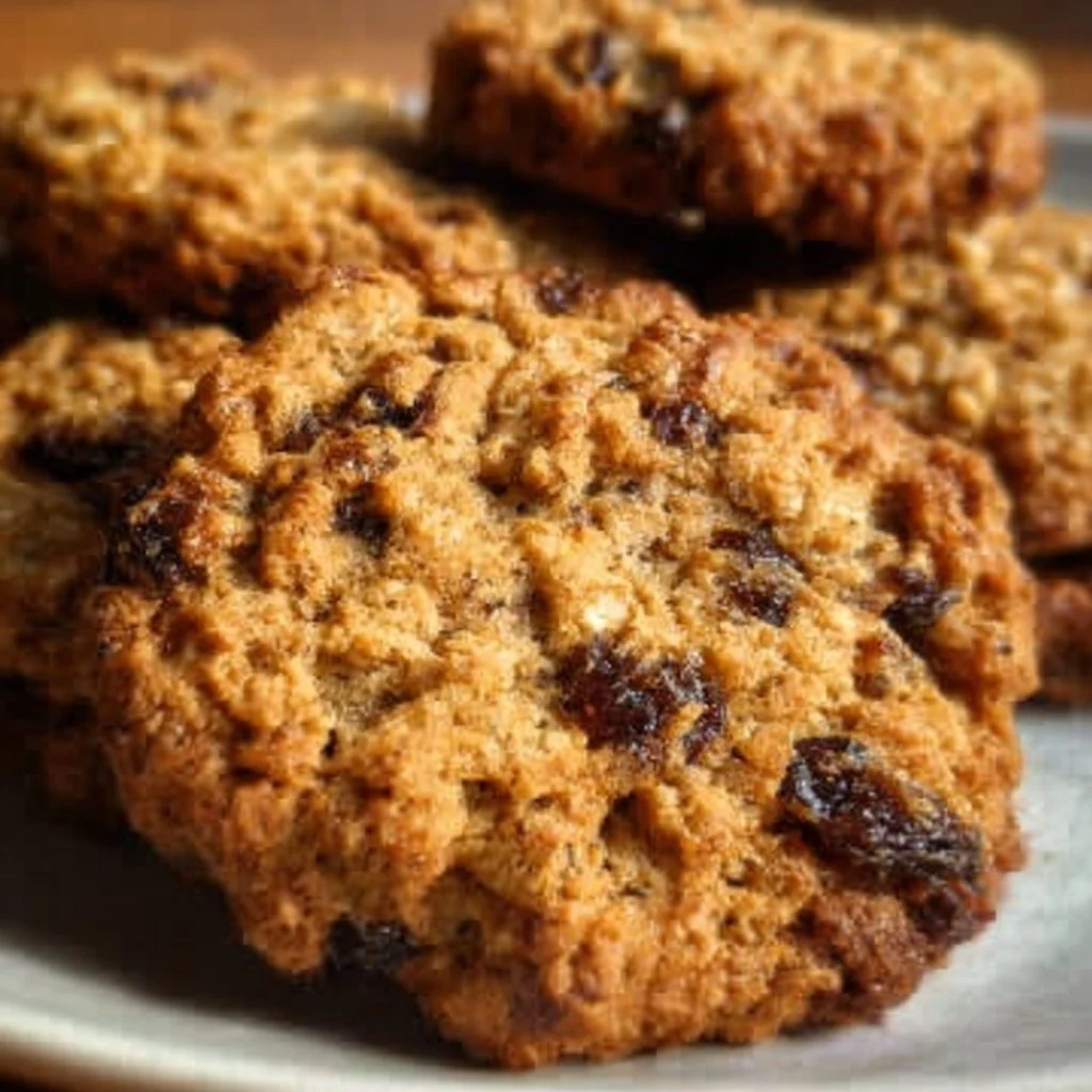 Homemade oatmeal raisin cookies on a cooling rack.