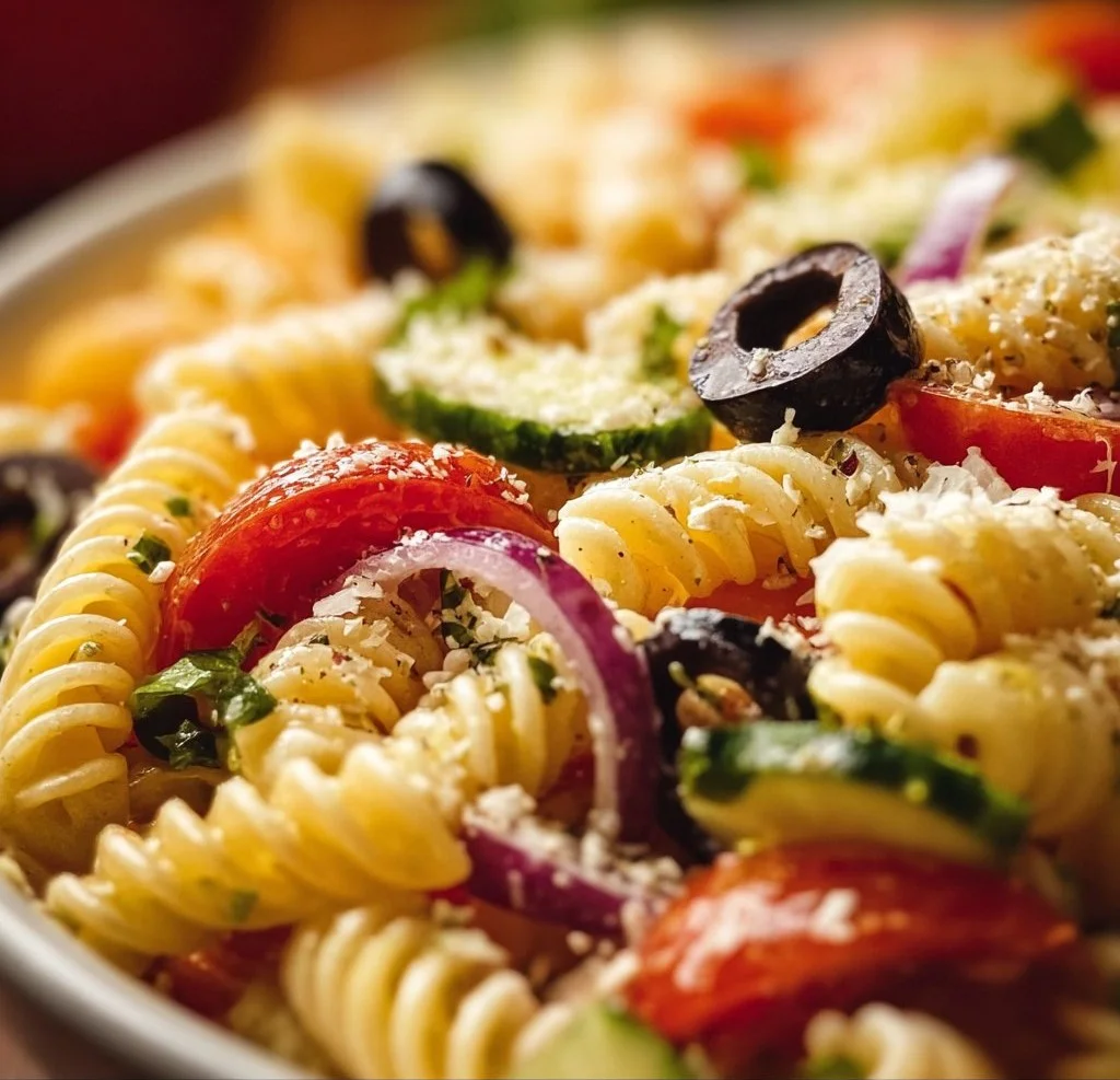 Olive Garden-inspired pasta salad with colorful vegetables and dressing