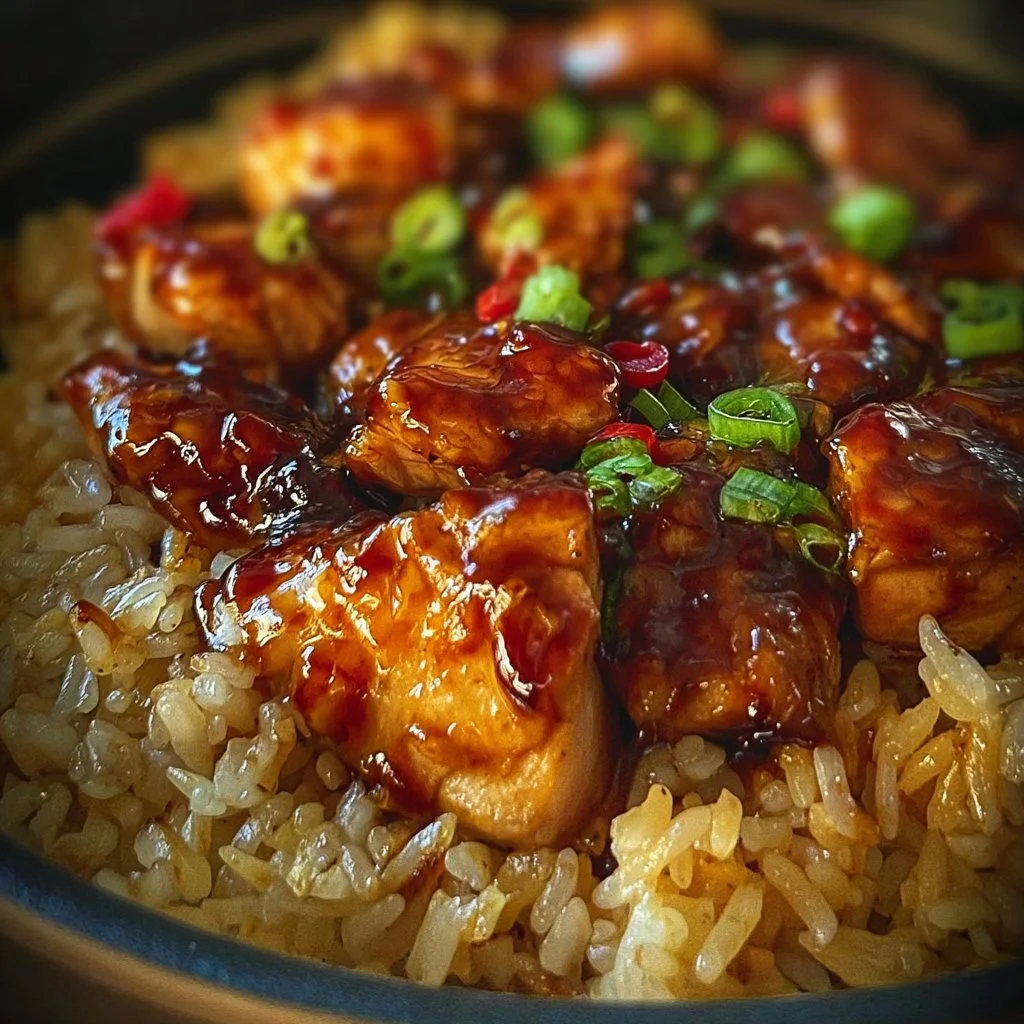 Delicious one-pan honey BBQ chicken with rice on a plate, garnished and ready to serve.