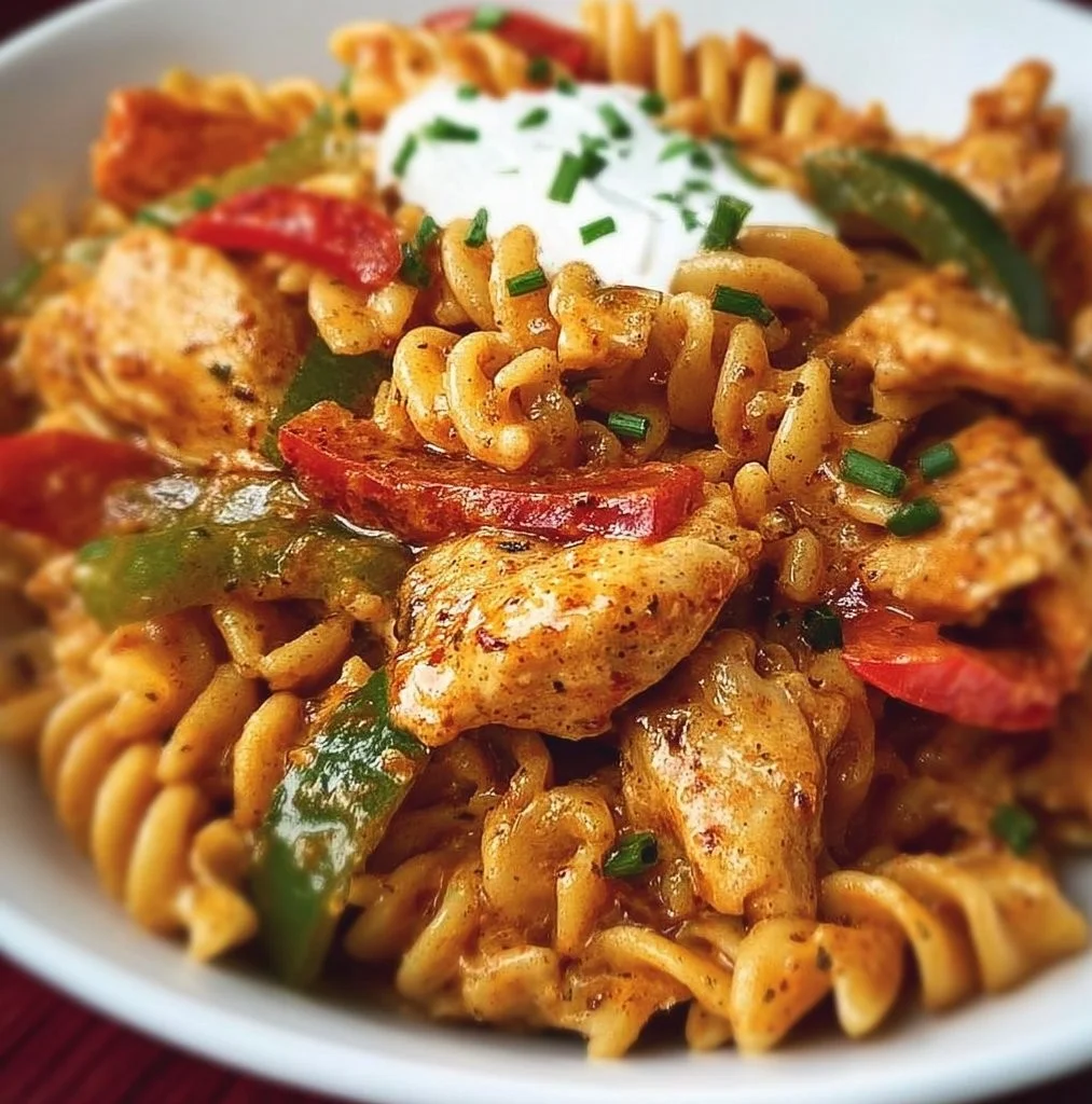 One-Pan Chicken Fajita Pasta dish with vibrant bell peppers and chicken