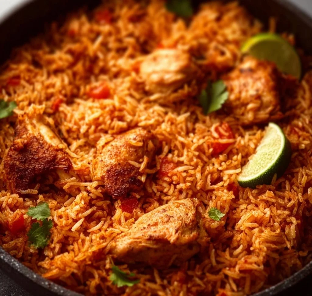 One Pan Mexican Chicken and Rice served in a skillet with colorful vegetables