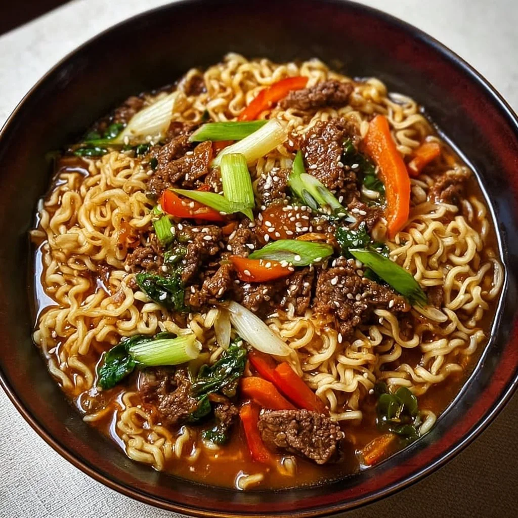 Delicious one-pot beef ramen noodles ready to serve with fresh garnishes